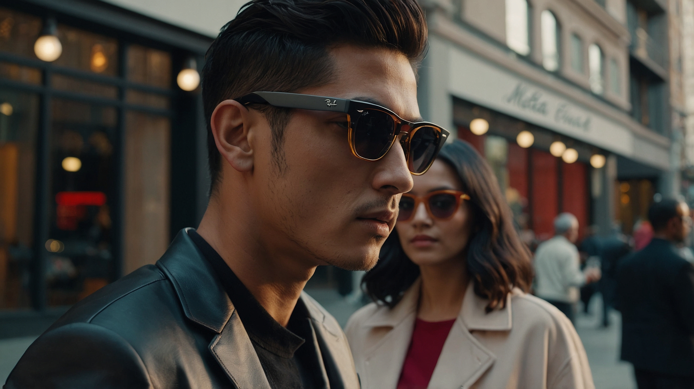 a man wearing stylish Ray-Ban smart sunglasses, captured in sharp focus with a confident expression, while a woman in similar sunglasses appears in the background. The setting is a bustling urban street lined with shops, giving a fashionable and modern vibe. The image emphasizes wearable technology blending seamlessly with everyday style.