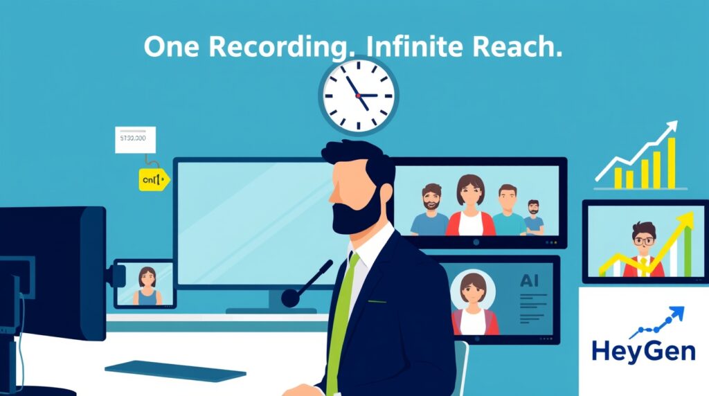 Illustration of a man in a suit sitting at a desk with multiple screens showing video call participants, charts, and AI-generated avatars. A clock and the phrase “One Recording. Infinite Reach.” are prominently displayed above, with branding for HeyGen and upward-trending growth graphics suggesting scalable digital communication or marketing.