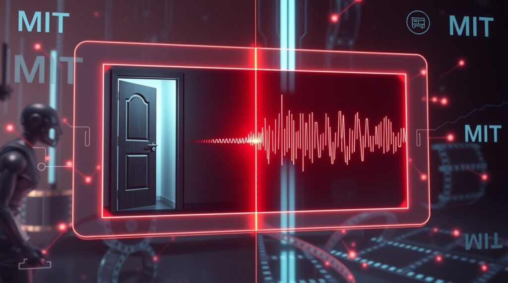 A cinematic digital artwork featuring a warmly lit, partially open door casting a golden glow into a dark room, with an animated audio waveform extending from the doorway. The scene includes sci-fi style HUD elements and AI interface graphics, with the text “MIT Winder Tonts,” “NO HUMANT OF AST SOUND,” and various circular nodes and diagrams, suggesting an advanced sound-detection or AI monitoring system.