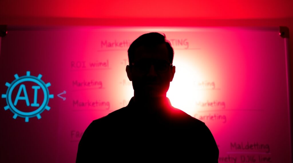 Silhouette of a man standing in front of a whiteboard illuminated by intense pink and red lighting, with a glowing gear symbol containing the letters “AI” on the left. The whiteboard contains blurred and partially legible marketing terms such as "ROI," "Marketing," and "Maldetting," suggesting a presentation or brainstorming session about artificial intelligence in marketing.